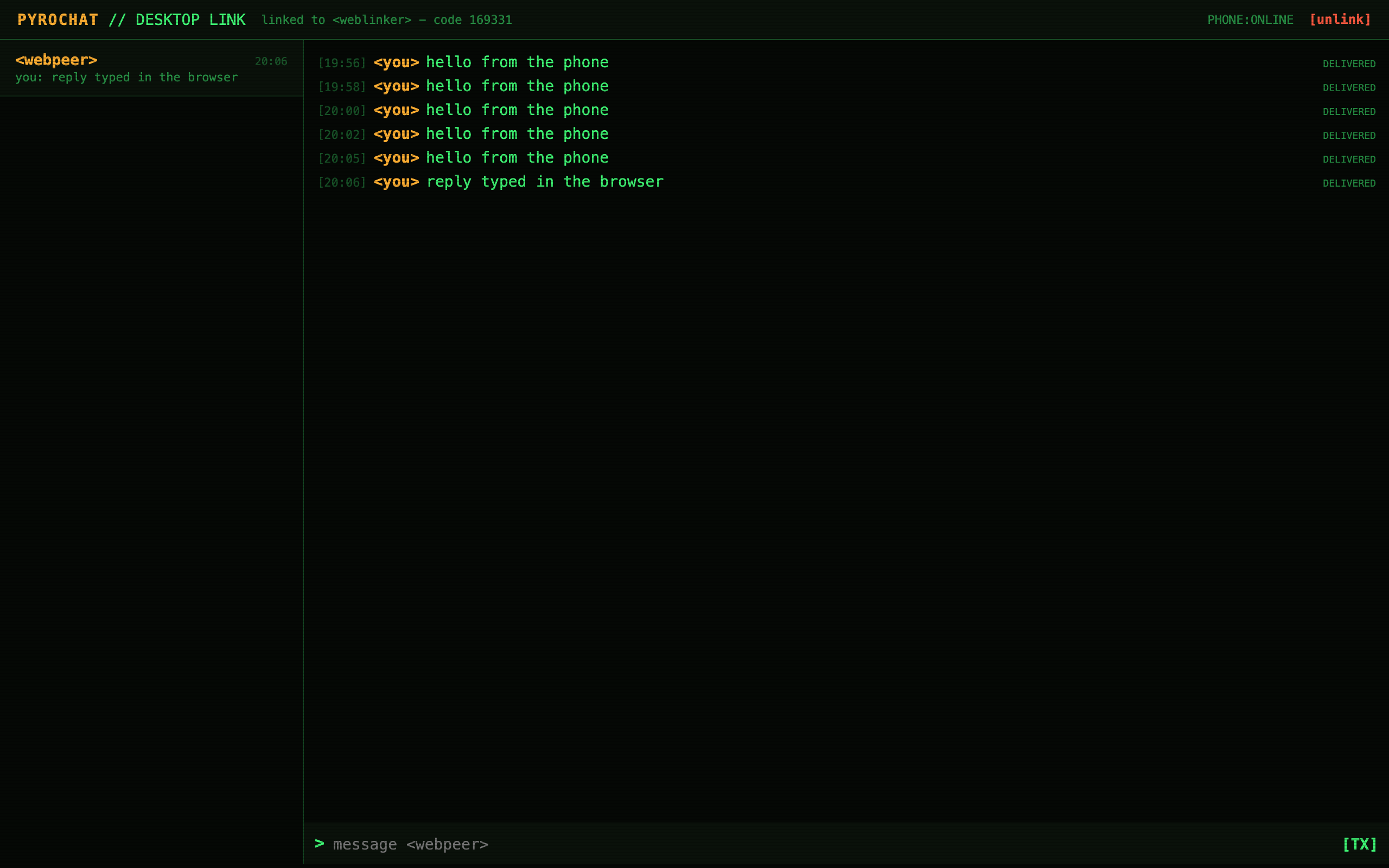 A browser showing a PyroChat conversation mirrored from a phone