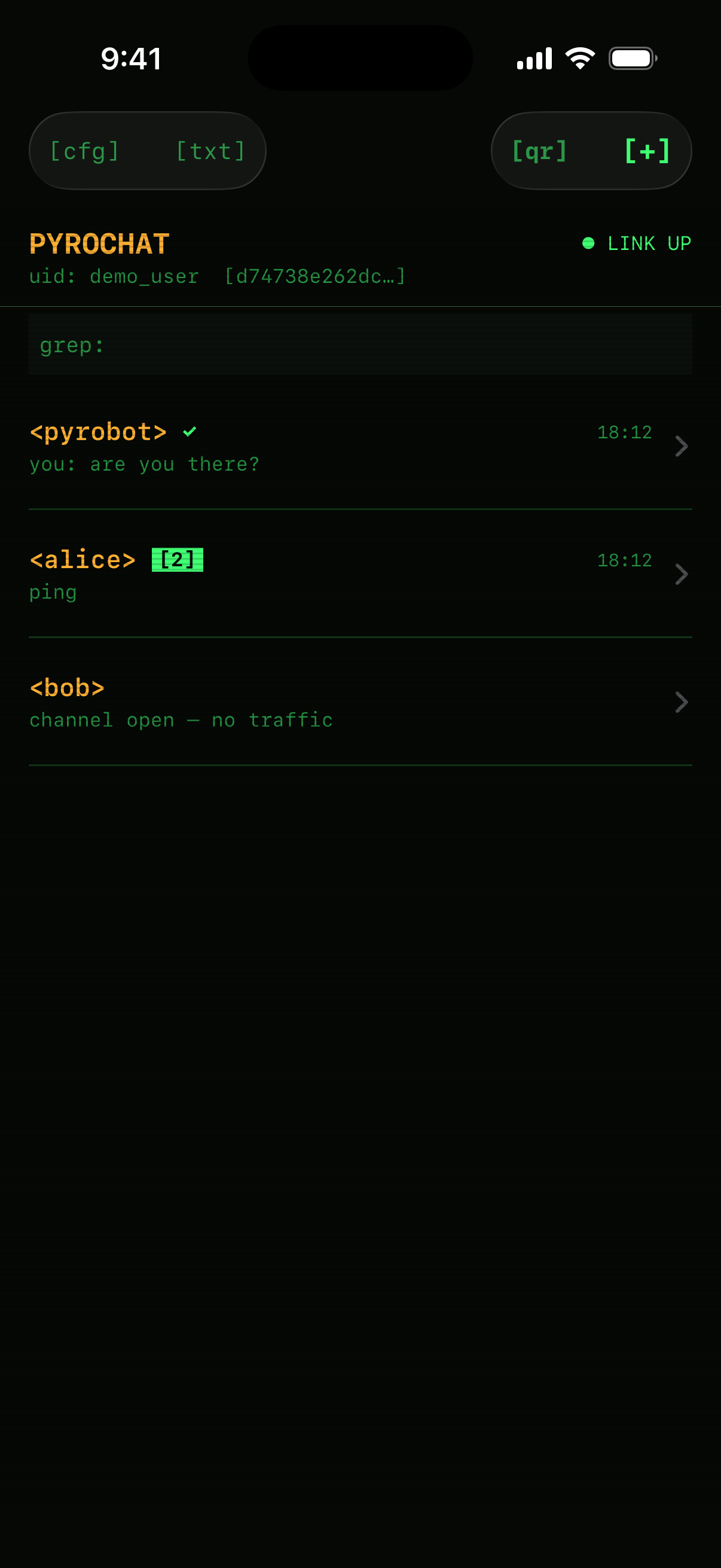 PyroChat contact list on iPhone